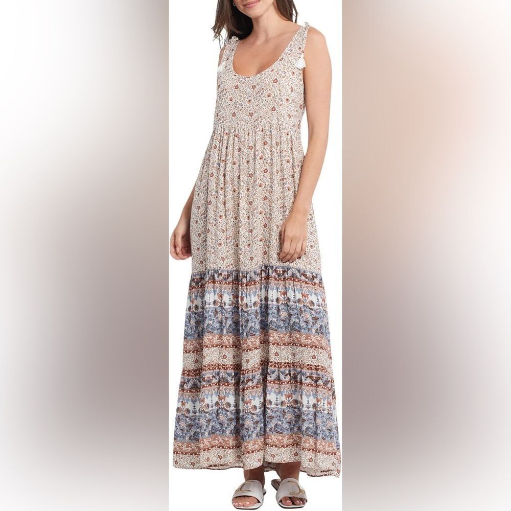 Tribal Jeans Floral Bohemian Maxi Dress - Cream and Blue